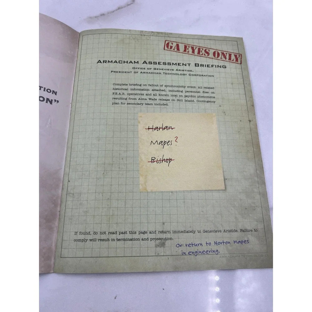 FEAR 2 Project Origin Armacham Assessment Briefing Manual Video Game Collectible